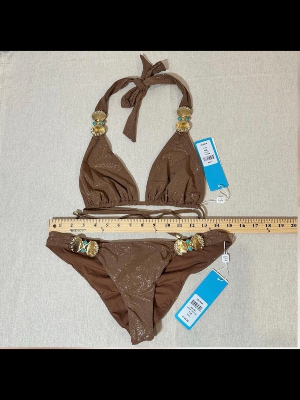 Beach Bunny Brown Glitter Triangle Bikini with Gold & Turquoise Accents/Crystals
